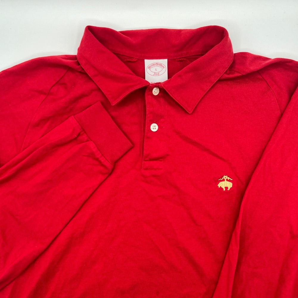 Brooks Brothers 346 Long Sleeve Polo Shirt Mens Red Gold Logo Size Large 0502